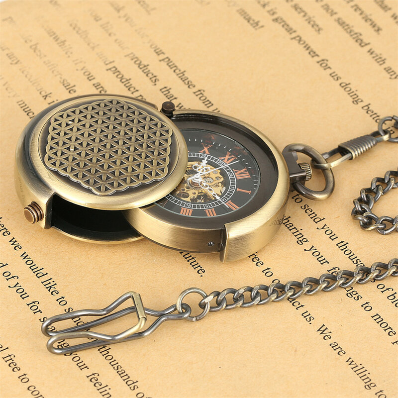 Steampunk orologio da tasca meccanico in bronzo Retro creativo coperchio rotante Display numerico romano meccanismo manuale pendente orologio maschile
