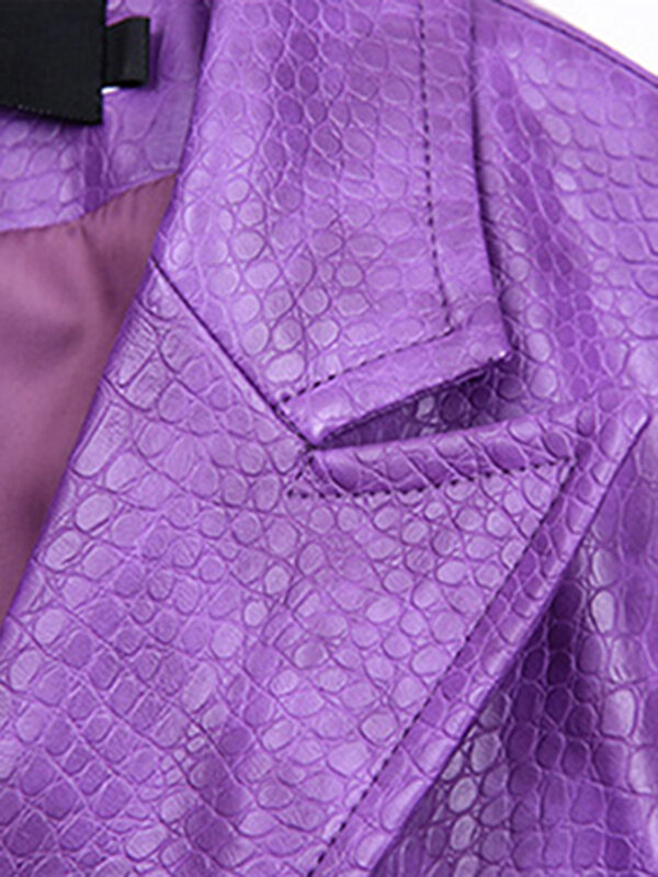 Lautaro Осенний блестящий фиолетовый кожаный пиджак с крокодиловым узором для женщин с длинным рукавом Двубортная оверсайз-куртка из искусственной кожи Y2K  Корейская мода 2021 кожаная куртка женская  пальто