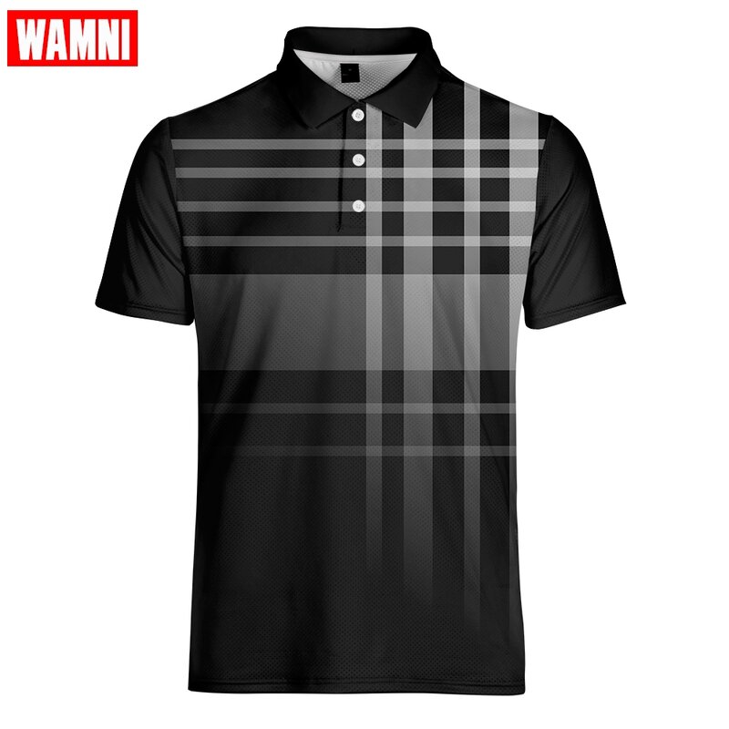 WAMNI Fashion Men Gradient 3D  Shirt Casual Vitality Sport Turn-down Collar Table Tennis Stripe Male Short Sleeve -shirt