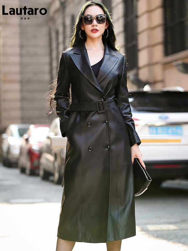 Lautaro jesienny czarna wodoodporna Pu skórzany płaszcz trencz dla kobiet z długim rękawem pasek dwurzędowy jesienny projektant mody