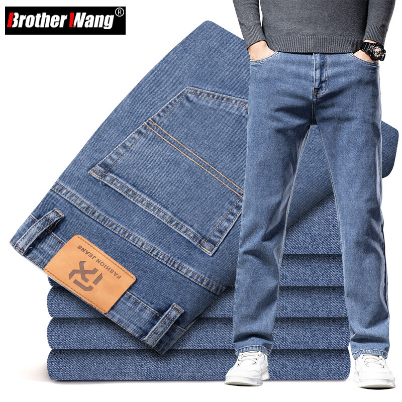 Plus Size 40 42 44 Autumn Men's Blue Straight Loose Jeans Business Casual Cotton Stretch Denim Pants Male Brand