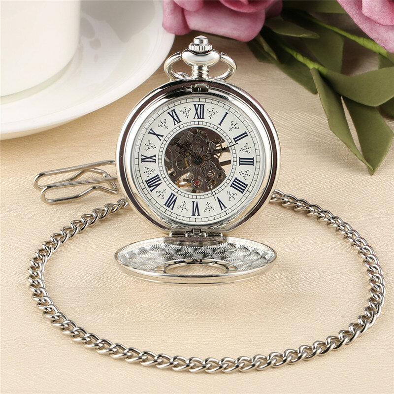 Luxury Silver Mechanical นาฬิกา Unisex Hand Winding ตัวเลขโรมันจี้นาฬิกาหน้าเปลือยของที่ระลึกของขวัญ