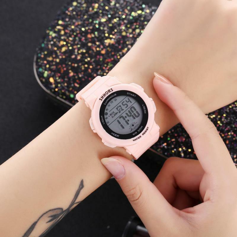 Shhors-ピンクのデジタルスポーツ時計,ファッショナブルな女性のスポーツアクセサリー,耐水性,さまざまな色