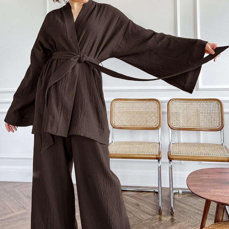 NHKDSASA piżama Kimono 2023 nowe 100% krepa bawełniana spodnie z długimi rękawami damskie bielizna nocna Mujer