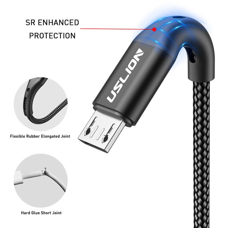 USLION 3A Micro USB Cable Fast Charging for Samsung Xiaomi Huawei Realme OPPO Android Mobile Phone USB Data Wire Cord 0.5/1/2/3M
