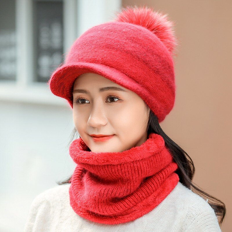 Winter Hat Womens Beanie Hats Thick Warm Windproof Winter Knitted Female Hat Bonnet Beanie Cap Outdoor Riding Hat Scarf Set