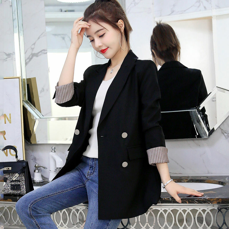 2019 Women Double Breasted Long Blazers Office Lady Small Suit Jacket Ladies Leisure Black Blazer Loose Female Coat Streetwear