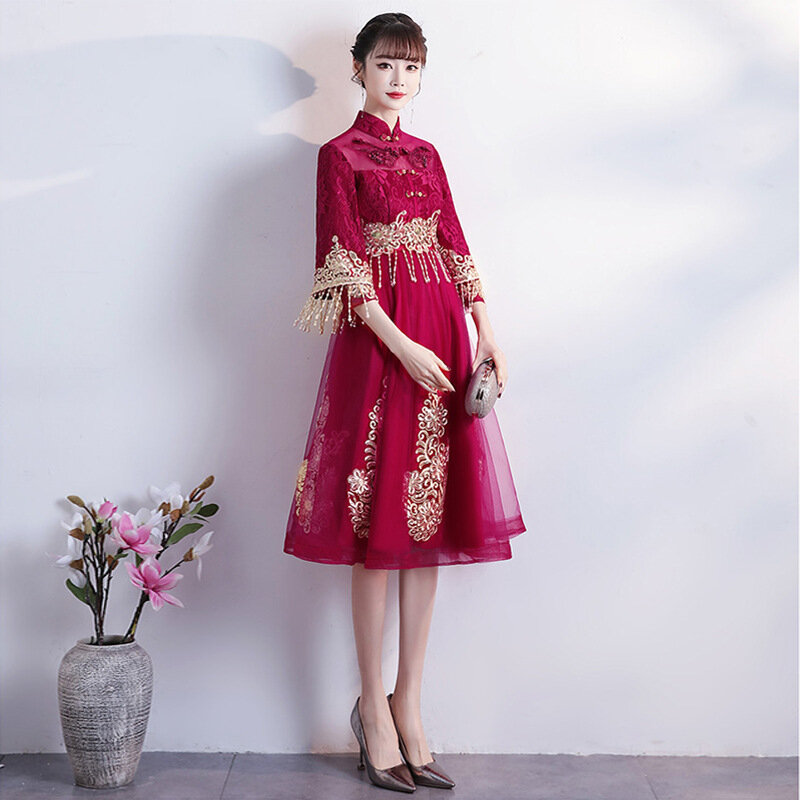 Chinês coberto barriga vinho vermelho cheongsam vestido de casamento poliéster rendas borla design cintura alta vestido para a mulher grávida zl638