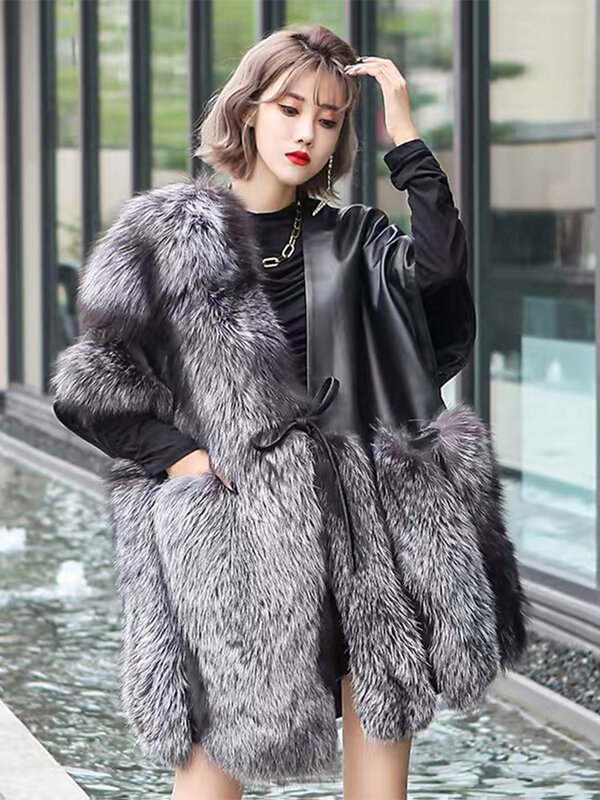 Wysokiej jakości luksusowe kobiety kobieta prawdziwe futro srebrnego lisa poza prawdziwej skóra owcza Oversize luźne luźny płaszcz