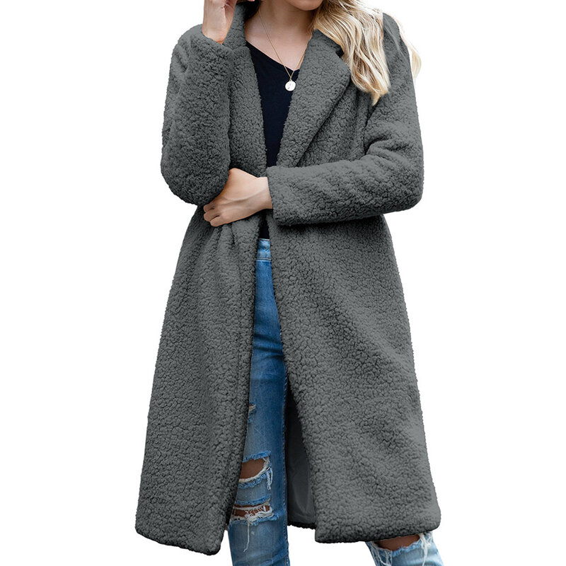 Inverno feminino falso velo manga comprida casaco quente cardigan na altura do joelho casaco