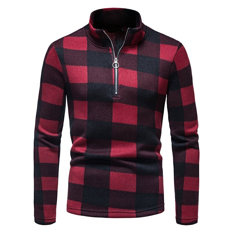 Autumn and winter new men's plaid print long-sleeved sweater fashion stand-up collar zipper sweater casual sweater