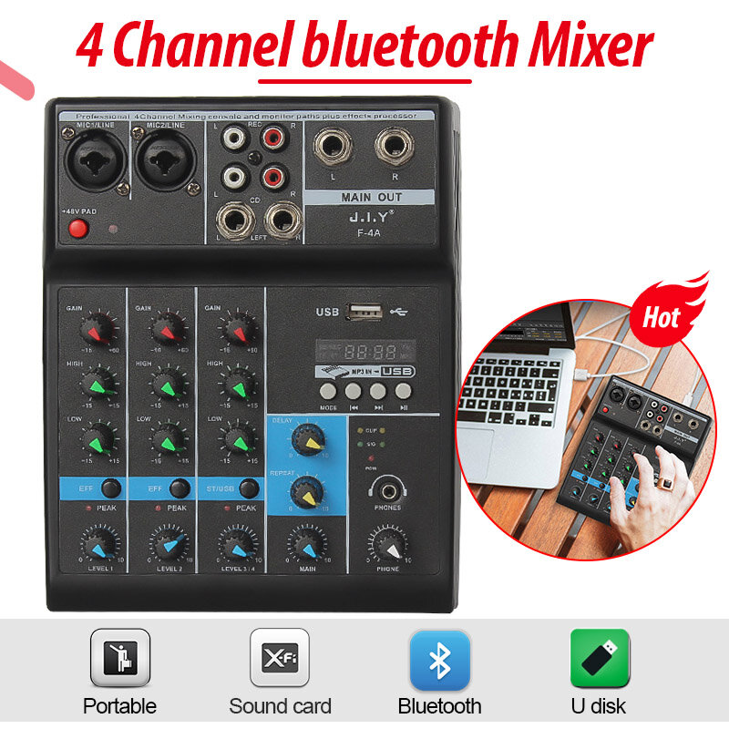전문 4 채널 블루투스 믹서 오디오 믹싱 DJ 콘솔 리버브 효과와 홈 가라오케 USB 무대 가라오케 KTV