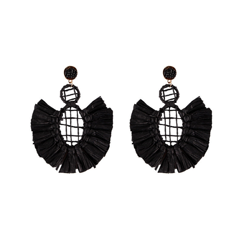 Handmade Raffia Drop Earrings Bead Hoop Dangle Earring for Women Boho Hippie Jewelry