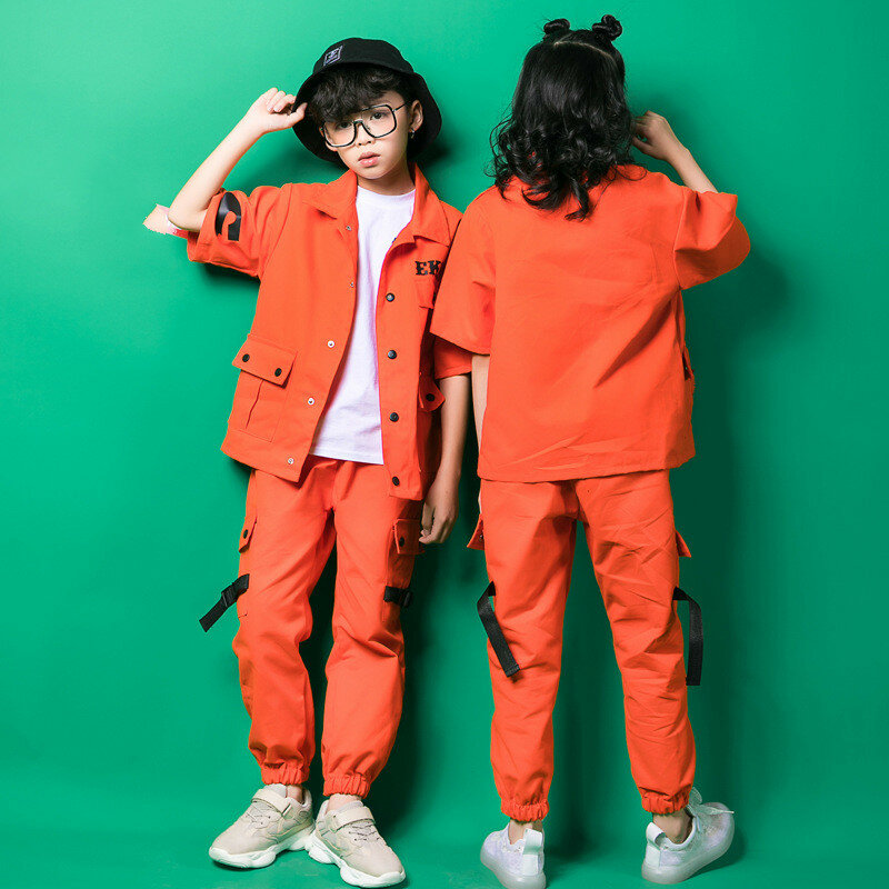 子供ジャズヒップホップダンス衣装オレンジジャケットトップゆるいカジュアルパンツヒップホップストリート社交ダンスの服着用