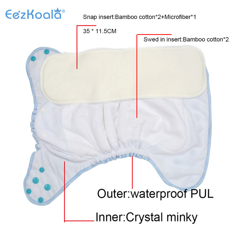 EezKoala Heavy Wetter AI2 Cloth Diaper Snap Insert Bamboo Cotton Eco-Friendly Baby Nappy Waterproof Washable Night Nappies