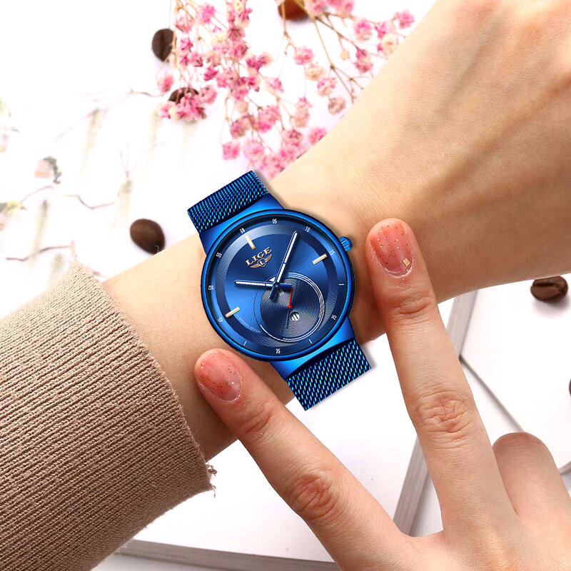 2020 Reloj para hombres y mujeres LIGE, correa de malla de lujo para mujeres, Reloj ultrafino, Reloj de pulsera de cuarzo resistente al agua, Reloj de Mujer