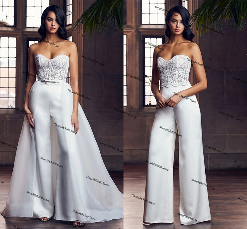 Sweetheart Lace Stain Wedding Jumpsuit with Remove Train 2021 Vestido De Noiva Backless Beach Garden Bridal Gown Pant Suit