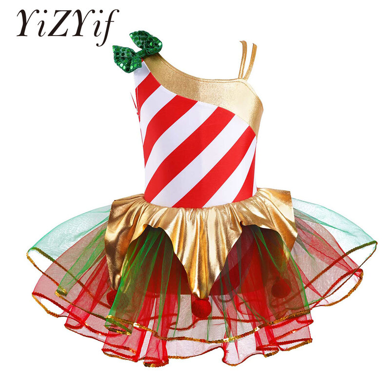 Sequin Stripes Elf Christmas Dress for Kids, Ballet Leotard, Tutu Dress, Dancewear, Carnaval, Festival, Santa, Cosplay, Meninas