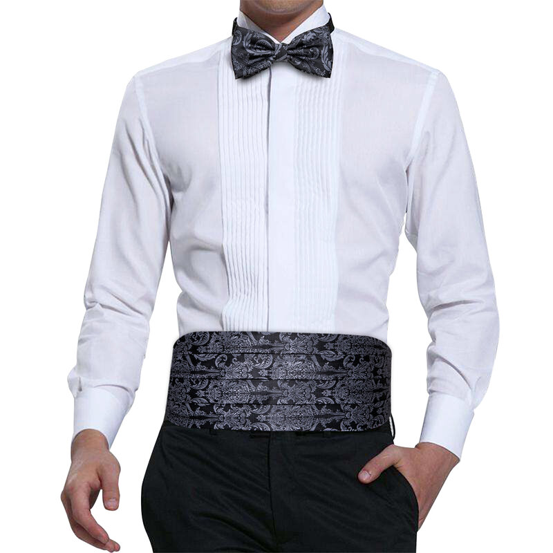 Esmoquin de Cachemira de seda para hombre, corbata de lazo, conjunto cuadrado de bolsillo, cinturón elástico ancho Formal negro para hombre, fiesta de boda, Tony. Wang