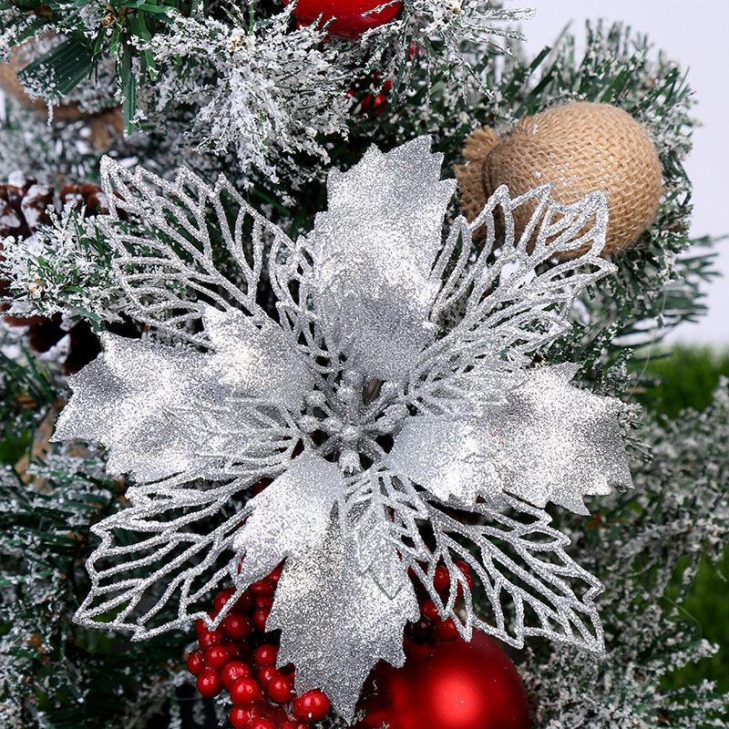 Artificial Glitter Flores para Árvore De Natal, Flores Falsificadas, Enfeites De Natal, Decorações De Casa, Decoração De Ano Novo, 9-16cm, 5Pcs