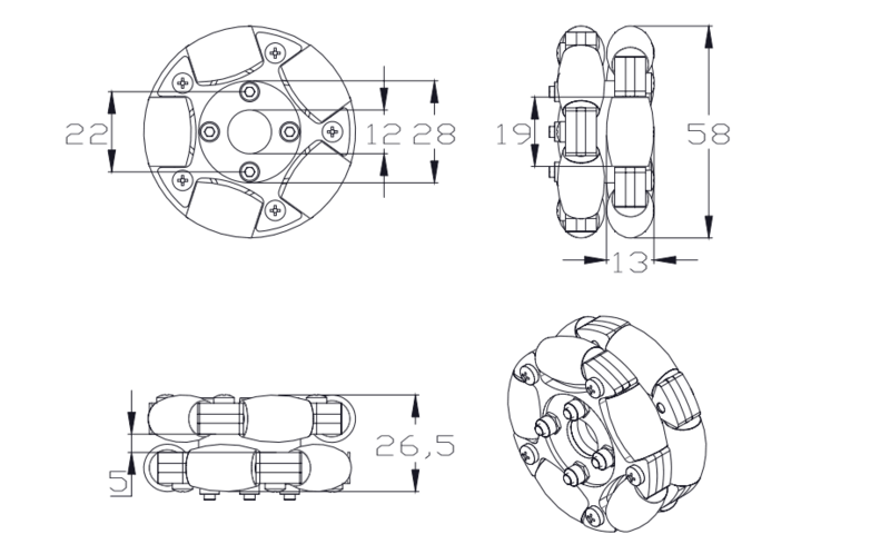 Metal Fulai roda Omni robô, plataforma Ros, movimento omnidirecional, liga de alumínio, carga 15kg, 58mm, 82mm