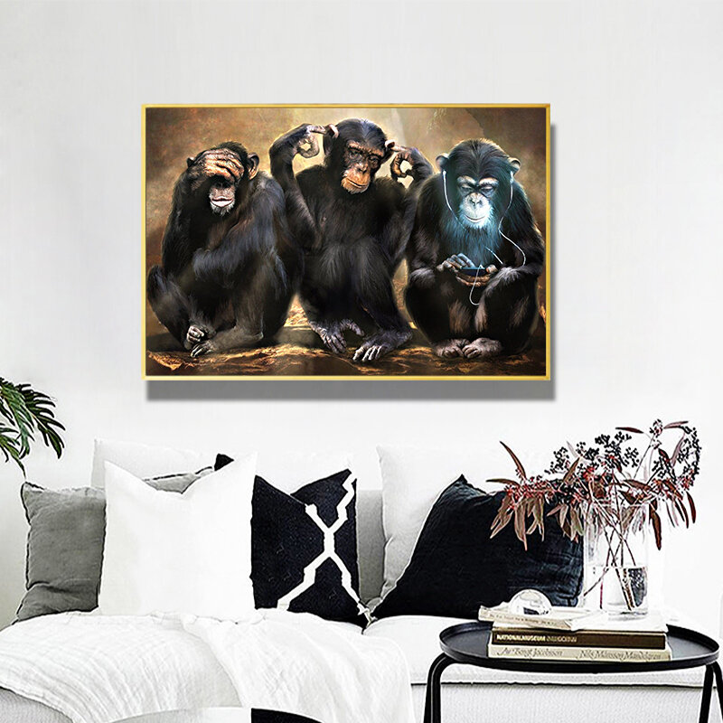 Canvas Schilderij Dier Aap Muur Kunst Drie Grappige Orang-oetans Olieverf Muurfoto Voor Home Decor Posters En Prints