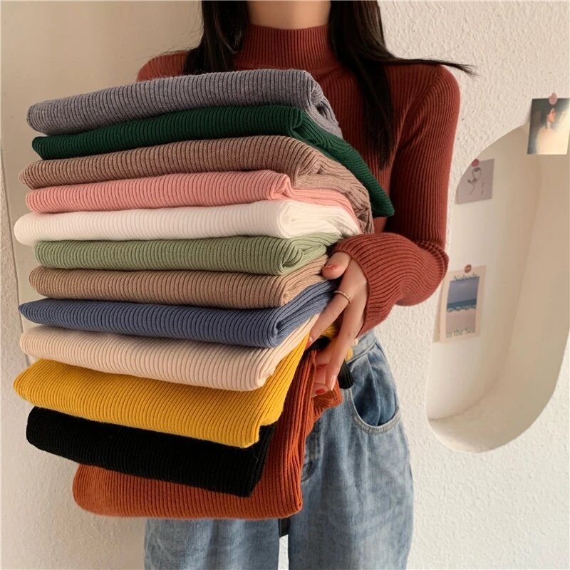 Musim semi dan musim gugur Turtleneck Pullover Sweater Basic wanita Sweater Slim Korea lengan panjang kasual Pullover wanita atasan rajut