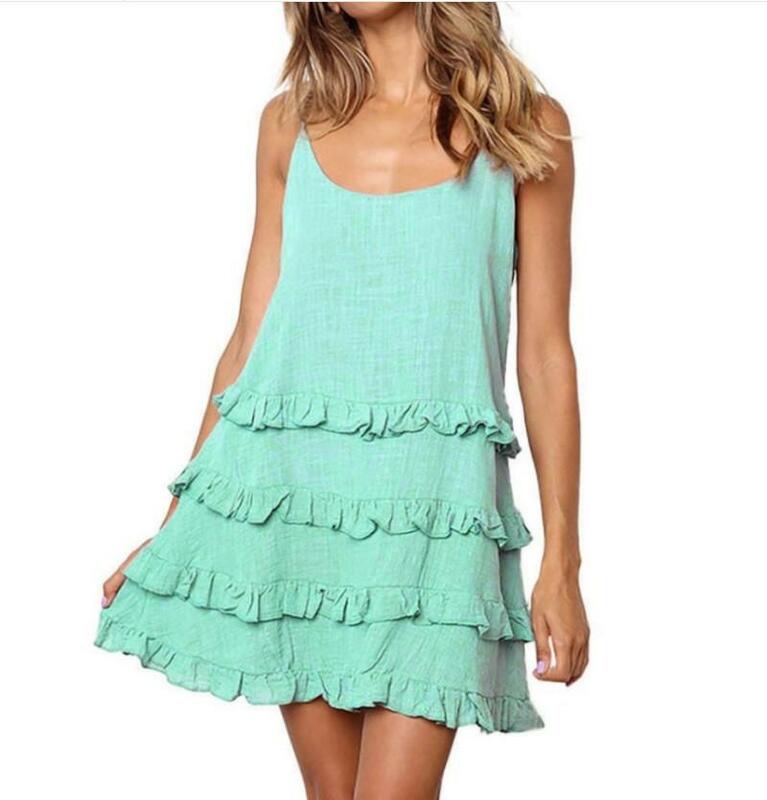 Summer women's dress casual sling lotus leaf lace stitching solid color beach pleated dress