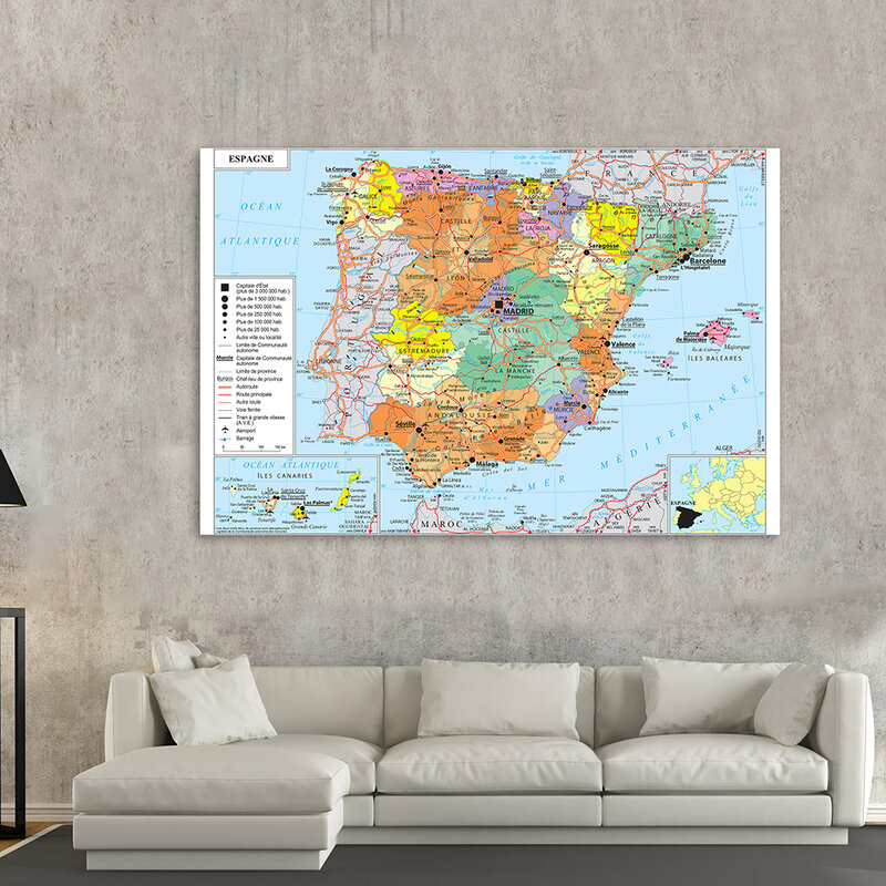 Pintura de lona não tecida para decoração de casa, Espanha, Mapa de transporte em francês, Wall Art Poster, material escolar, 150x100cm