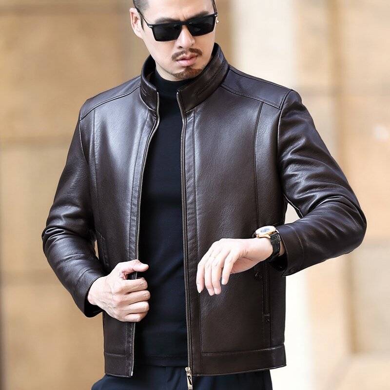 Кожаная куртка YXL-221 мужская с воротником-стойкой, деловой Повседневный цельный пиджак с мехом, супермягкая теплая куртка с плюшевой подкладкой