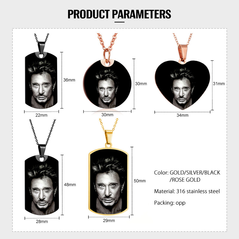 Johnny Hallyday Photo Name Custom Necklace Heart ID Tag Hip hop Personalized Stainless Steel Gold Color Chain Women Men Jewelry