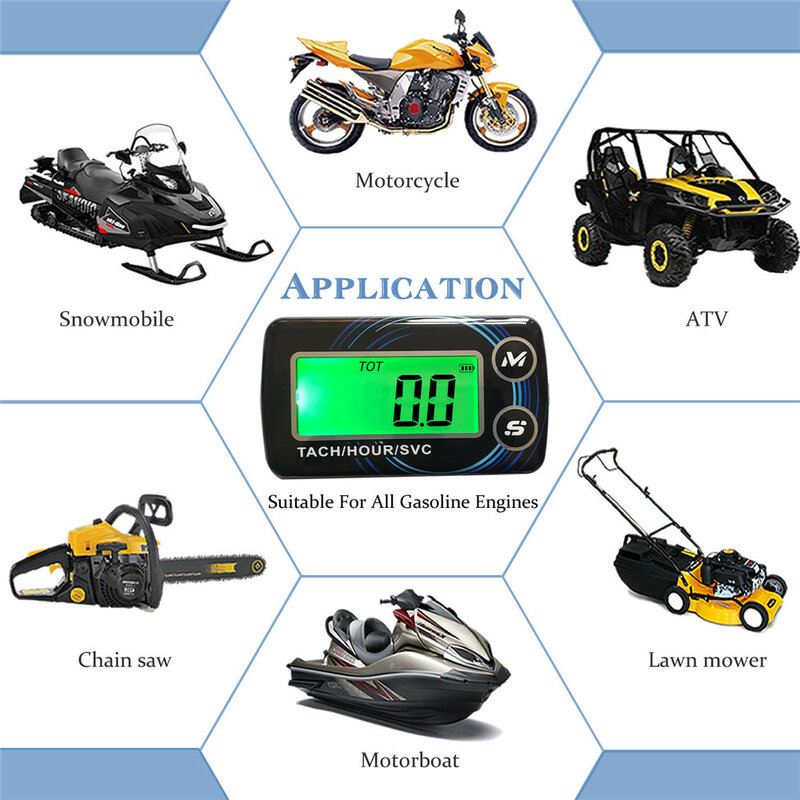 Motocicleta Tach Hour Meter, LCD Digital Tacômetro, Motor Resettable Maintenace Alert, RPM Contador para motosserras Barcos ATV