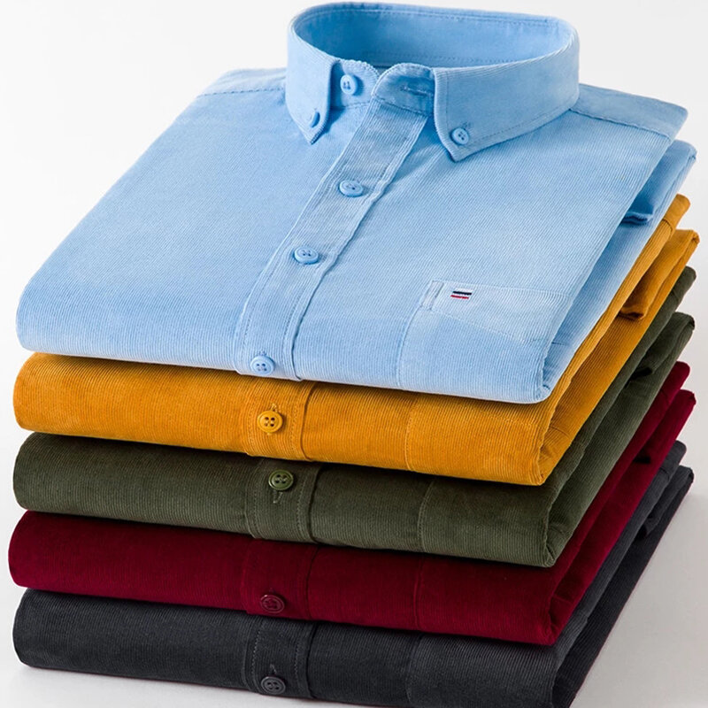 100% 코튼 플러스 사이즈 7XL 코듀로이 셔츠 남성 캐주얼 긴 소매 레귤러 피트 비즈니스 드레스 셔츠, 남성용 편안한 포켓