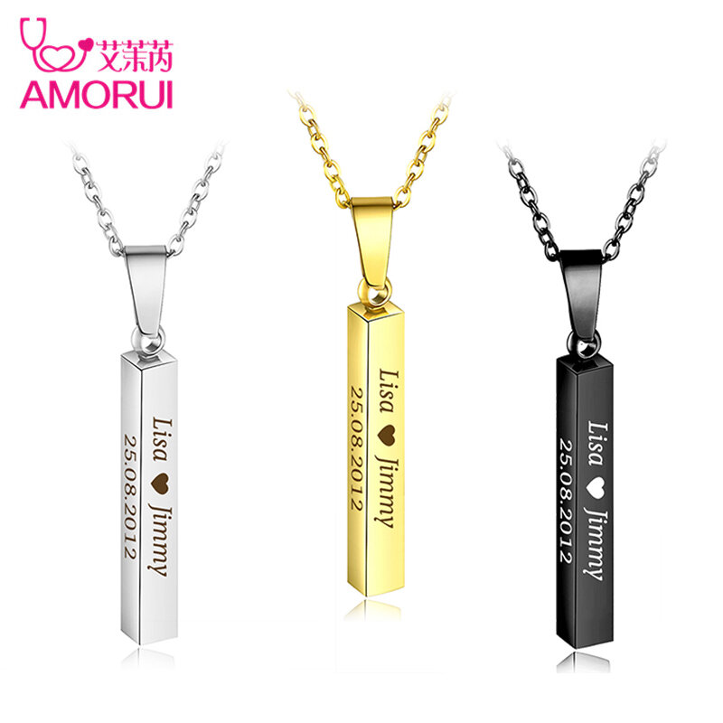 Square Bar Name Letter Custom Necklace Stainless Steel 3 Colors Personalized Date Necklaces for Women Men Jewelry Gift
