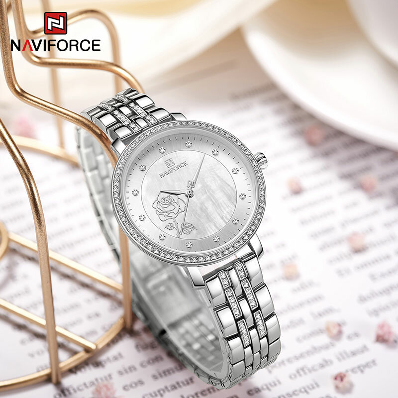 Naviforce relógio de pulso feminino, relógio de pulso elegante quartzo criativo com diamante à prova d'água