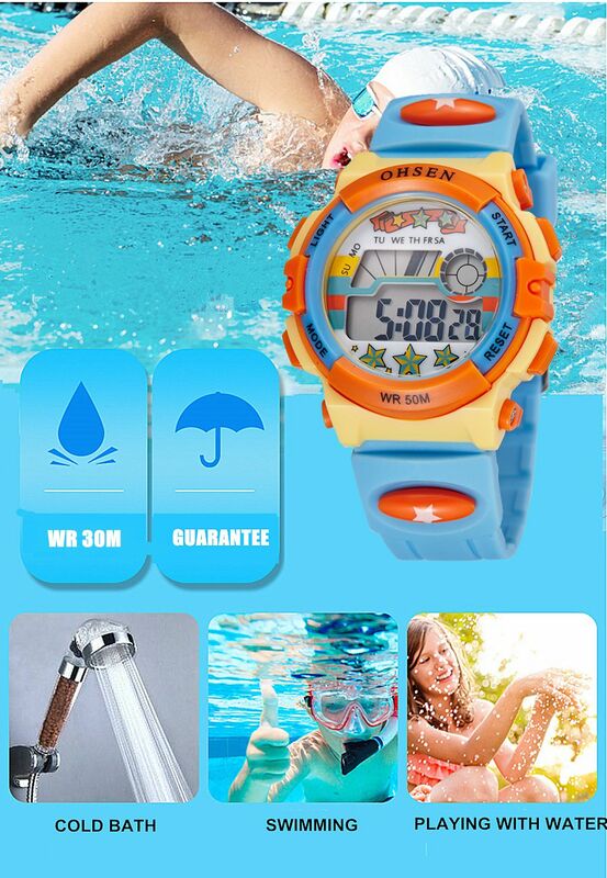OHSEN-어린이 스포츠 방수 레드 만화 디지털 손목 시계, 50M, 스톱워치, 전자 LED 어린이 시계, 남아 및 여아용