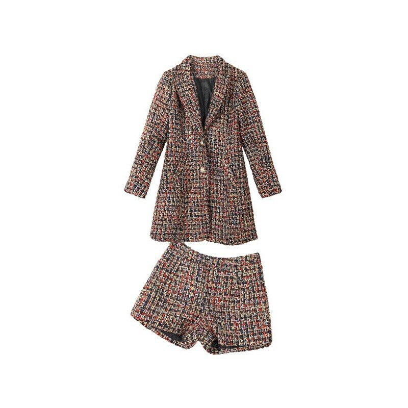 New Elegant Women Tweed Jacket Suits Spliced Twill Long Plaid Blazer Coat Shorts Outfits OL Office Work Formal Suit Sets