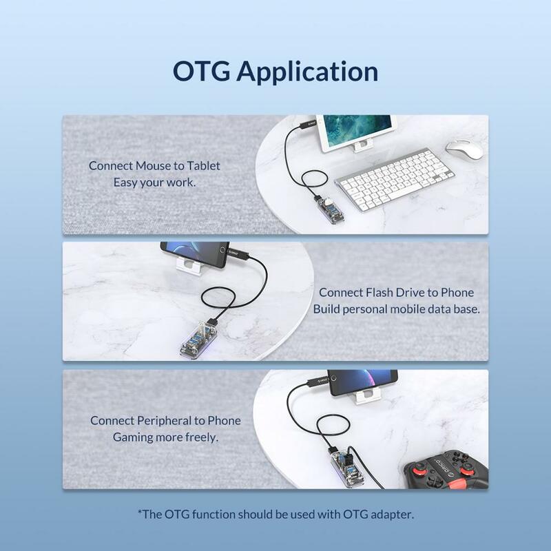 ORICO 투명 시리즈 USB 허브, 마이크로 USB 전원 포트, 노트북 PC OTG 어댑터, 멀티 4 7 포트, 고속 USB3.0 분배기