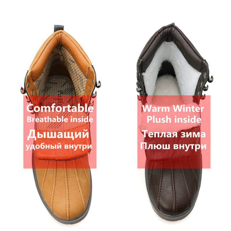 KATESEN MEN Boots Classic Duck Boots With Waterproof Rubber Sole MEN Rain Boots Lace Up Ankle Shoes Fur Winter leather MEN Shoes