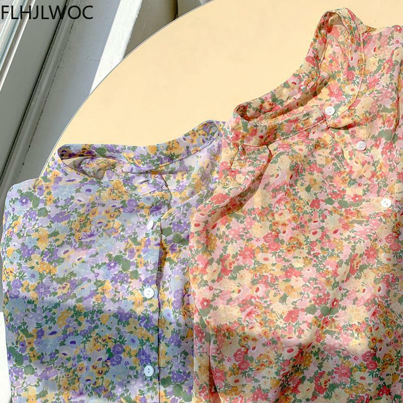 Atasan Cantik Padang Rumput Musim Semi 2021 Blusas Anak Perempuan Sebelah Gaya Mode Wanita Cetakan Bunga Sifon Kemeja Kancing Kancing Sebaris