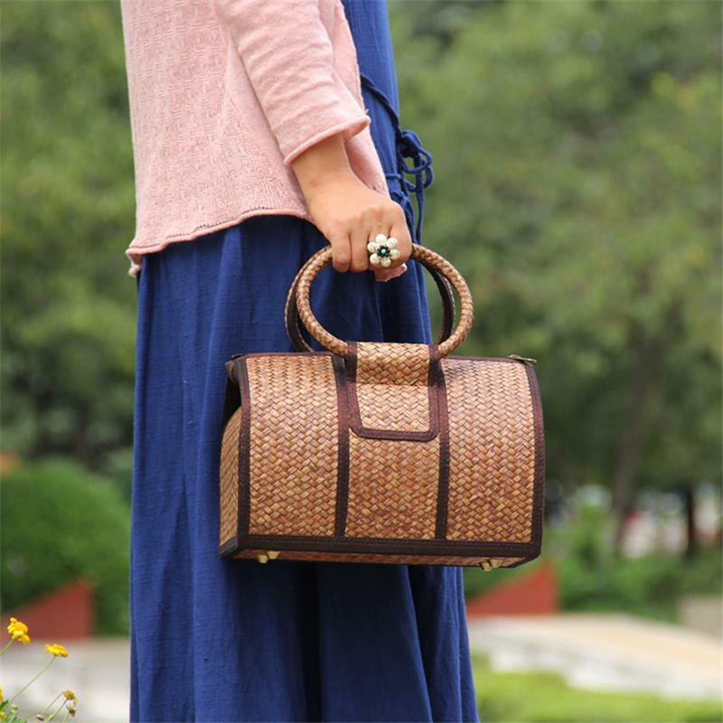 28x17CM 원래 여성 중국어 수제 대나무 짠 가방 밀짚 등나무 짠 복고풍 핸드백 베개 가방 a6111