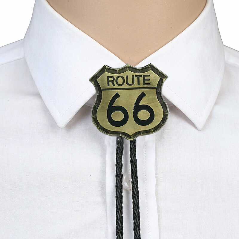 Western Cowboy Poirotie Route 66 Zinklegering Persoonlijkheid Unisex Bolo Tie Lederen Kraag Koord
