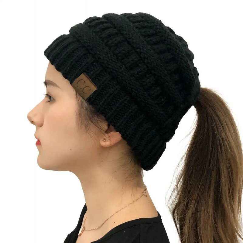 Classic Winter Fall Trendy Chunky elastico Cable Knit Beanie Hat BeanieTail Soft disordinato High Bun coda di cavallo Beanie Hat Dropshipping