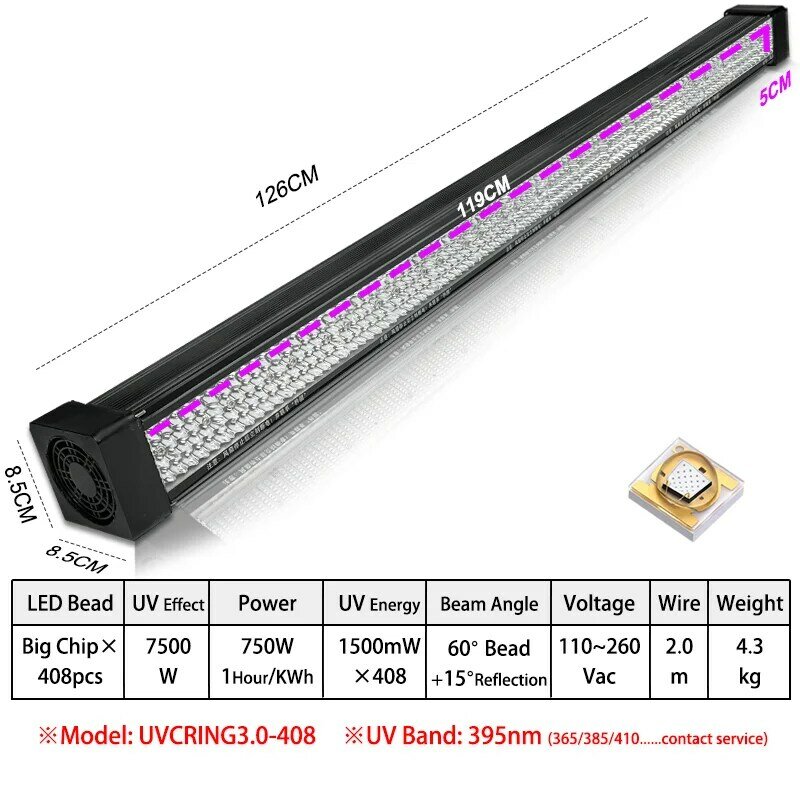 Bar Led UV GEL Curing Lamp High Power Ultraviolet Black Light Oil Printing Machine Glass Ink Paint Silk Screen UVCURING3.0-408