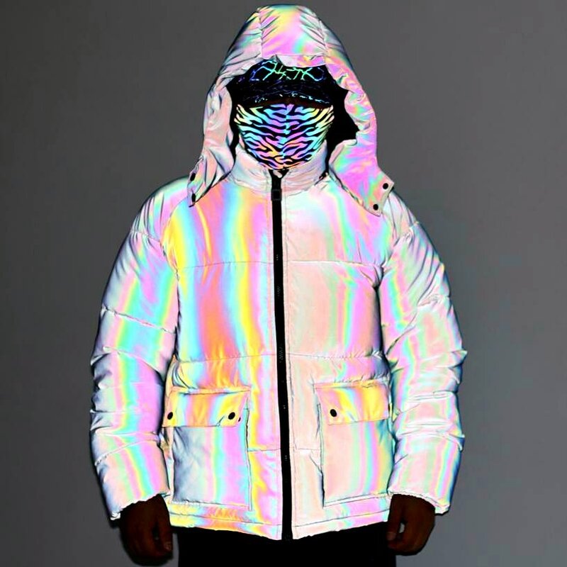Vestuário reflexivo cor arco-íris masculino, jaqueta de algodão, costura de bolso grande, com capuz, Hip Hop, inverno, 2022