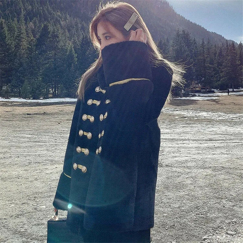 Куртка женская зимняя в британском стиле, модная верхняя одежда с декоративными трехмерными пуговицами, из искусственного меха, винтажная верхняя одежда