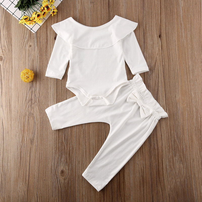 2Pcs Toddler Kids Baby Girl Ruffle Bodysuit Romper Top Solid Bowknot Pants Trousers Autumn Cotton Long Sleeve Outfit Clothes Set