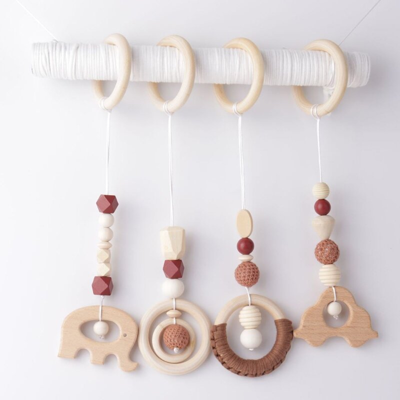 Baby Play Gym Frame Wooden Beech Activity Gym Frame Stroller Hanging Pendants Toys Teether Ring Nursing Rattle Toys Room Decor