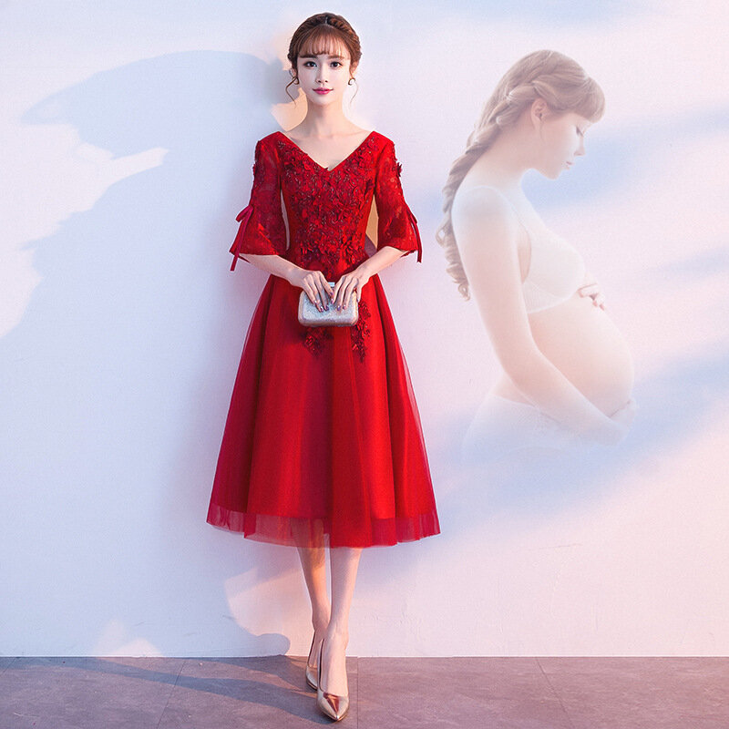 Koronkowa aplikacja projekt Qipao chiński styl suknia ślubna Cheongsam suknia wieczorowa poliester formalna sukienka dla kobiety w ciąży ZL635