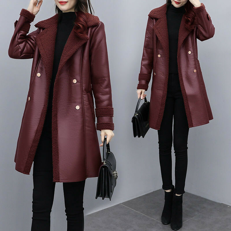 Jaket kulit PU longgar wanita, atasan Luaran satu bulu musim gugur dan dingin 2023